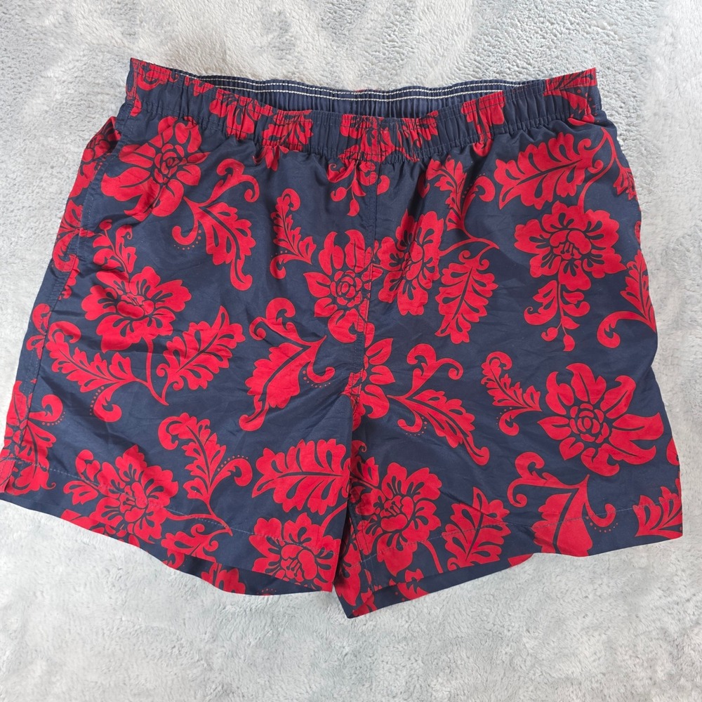 Lands' End Mens Large Blue Red Floral Swim Trunks Board Shorts Mesh Lined